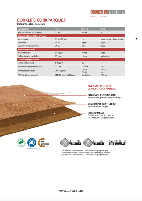 Corklife - technische Daten Corkparquet