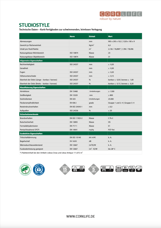 Corklife - technische Daten Studiostyle